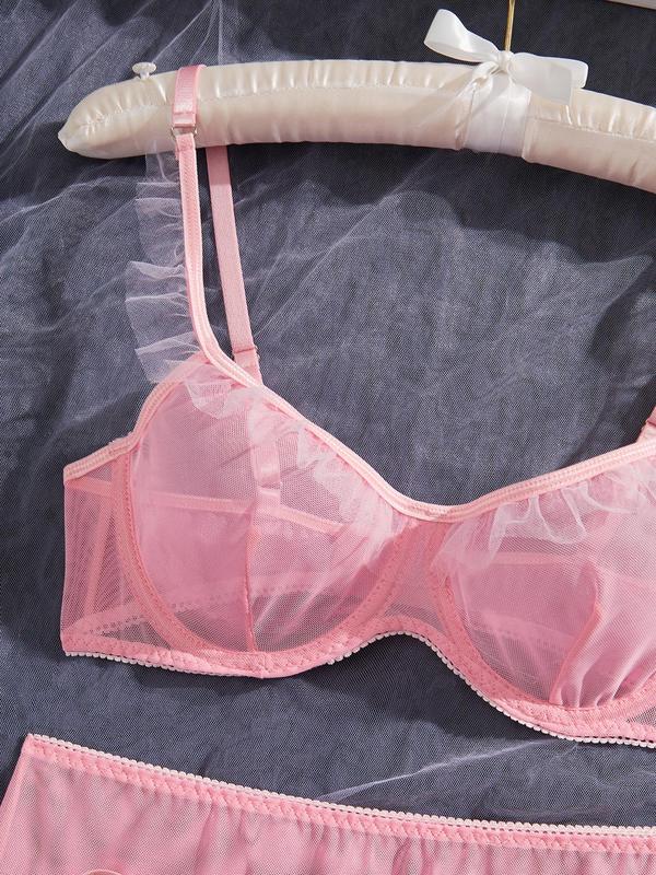Women's Solid Sheer Mesh Sexy Lingerie Set, Casual Comfy Push Up Bra & Thong & Ruffle Hem Sheer Skirt Three-Piece Set, Ladies Sexy Lingeries & Costumes